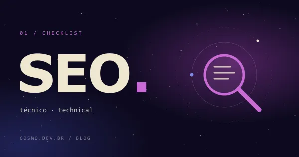 Article cover: the word SEO next to a magnifying glass in orbit, over a purple starry sky.