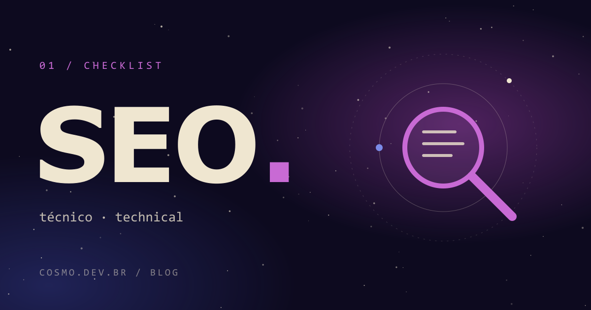 Article cover: the word SEO next to a magnifying glass in orbit, over a purple starry sky.