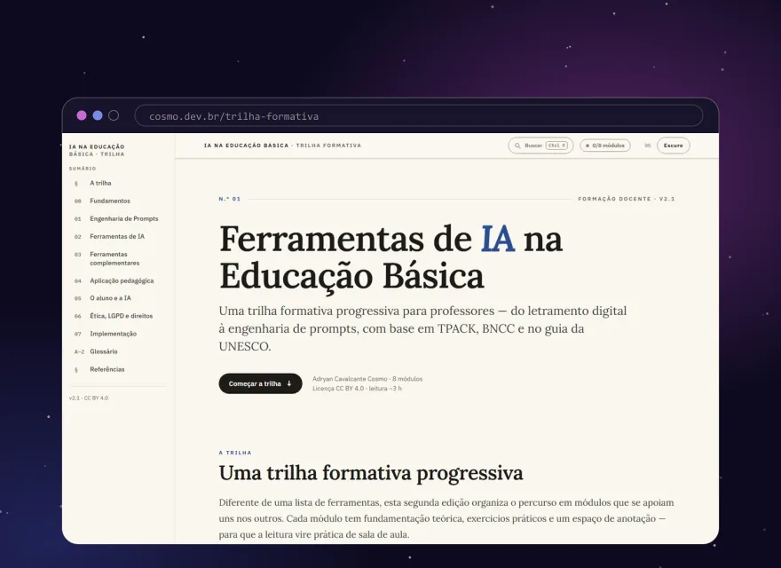 Home page of the AI in Basic Education training path, with the eight-module table of contents.